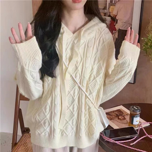 Twist hooded for autumn and winter to show slimming design, niche knitted bottomed shirt, women's loose and lazy wind belt hat, hoodie