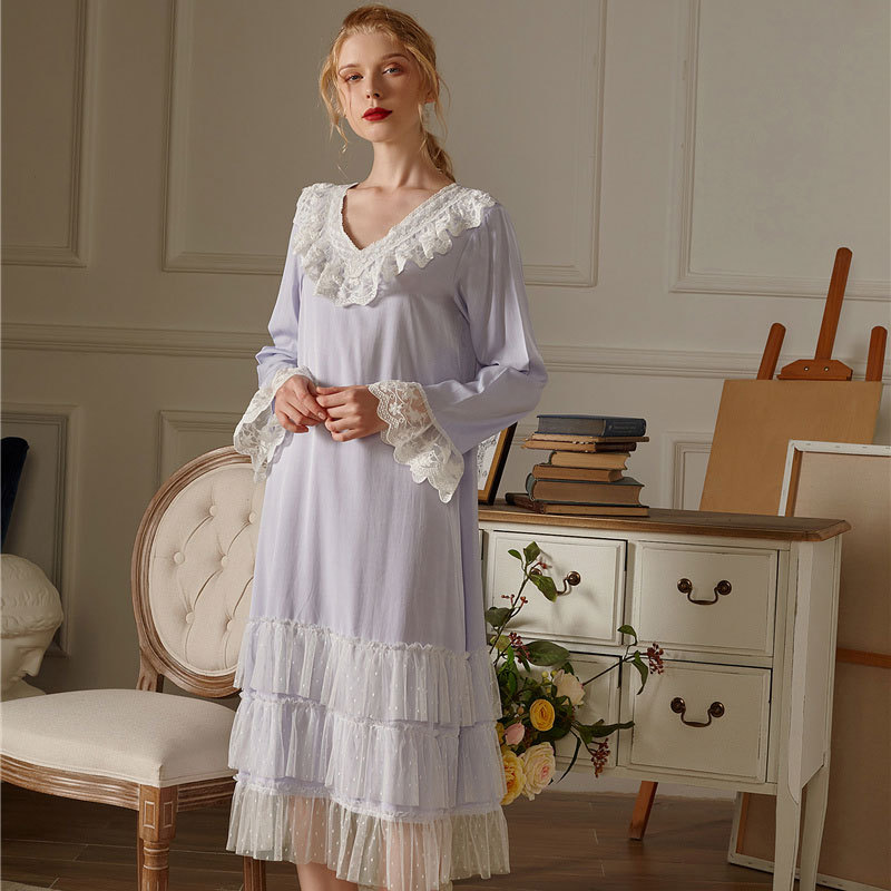 2021新品春秋长款长袖睡裙梭织棉网纱性感优雅动人宫廷风家居服