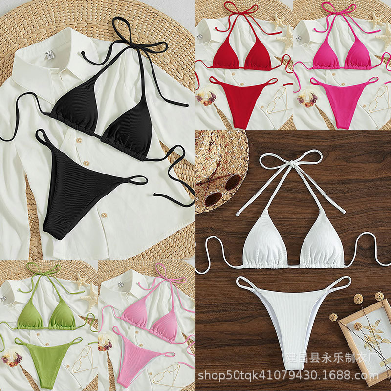 2025 European and American Style New Solid Color Ribbed Bikini Set Tie-Up Triangle Bra Two-Piece Swimsuit