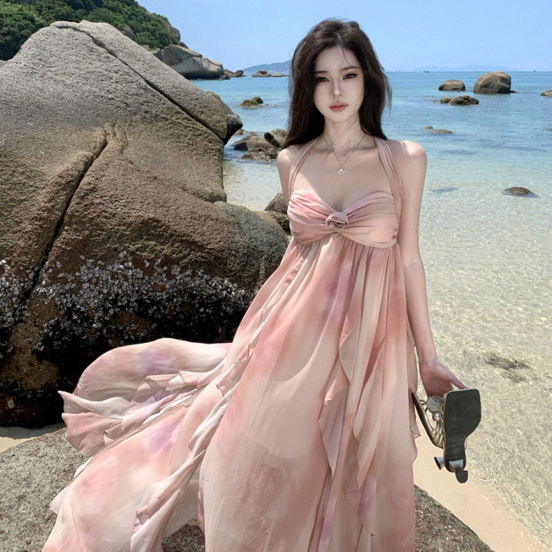 2026 seaside vacation halter neck pink long dress with three-dimensional rose flowers on the chest, super fairy-like design
