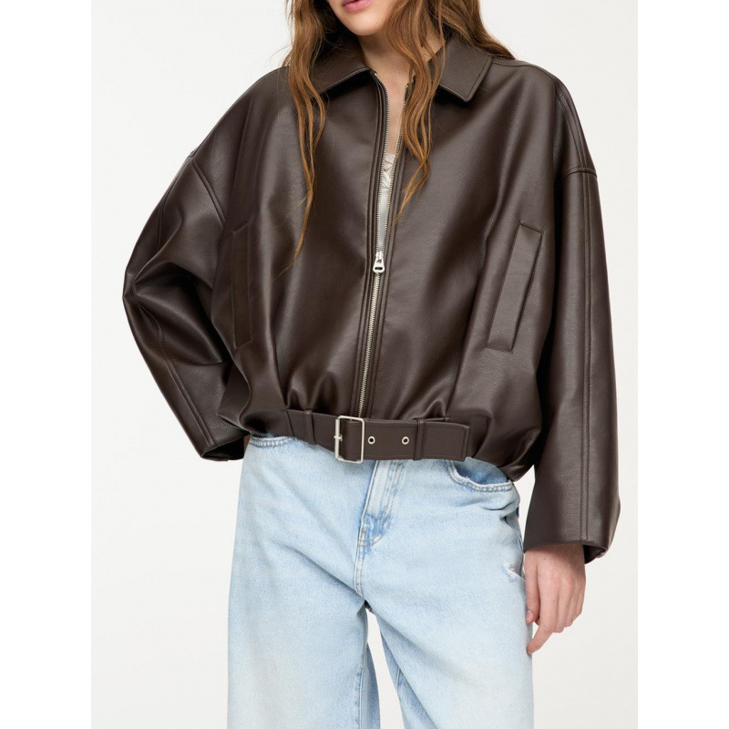 Cross-Border European and American Clothing Autumn and Winter Retro Jackets Bomber Jackets Women's Casual Artificial Leather Tops Cross-Border Amazon