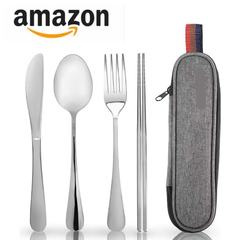 クロスボーダー Amazon ステンレス鋼ポータブル食器 4 ピースナイフ、フォーク、スプーン、箸旅行食器キャンプ布バッグ付きシルバー
