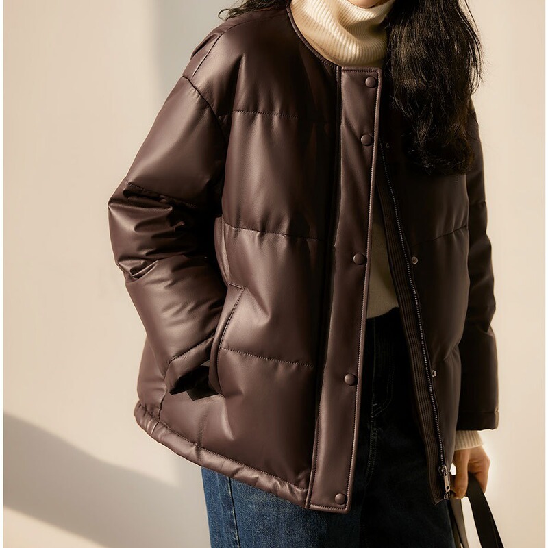Spot new down jacket pu leather/white duck down crew neck leather down women