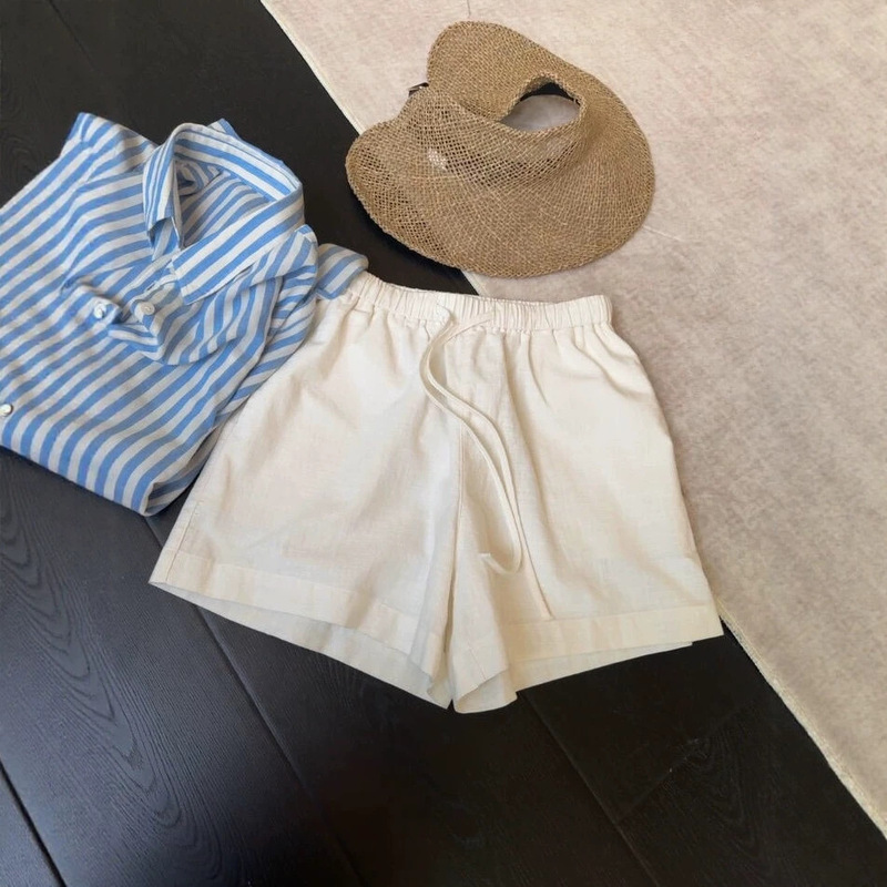 White Cotton Sports Wide-Leg Shorts for Women, Summer Thin Style with Elastic Waist and Drawstring, Petite A-Line Five-Point Shorts