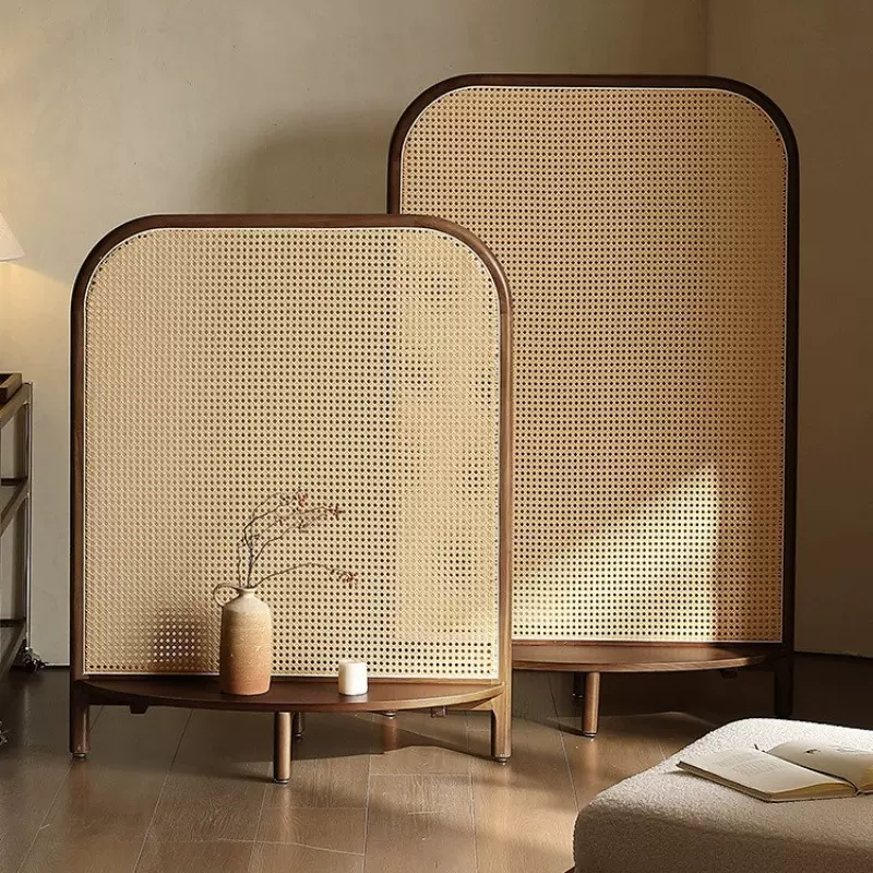 北欧隔断客厅玄关入户新中式卧室可移动简约遮挡座屏藤编实木屏风