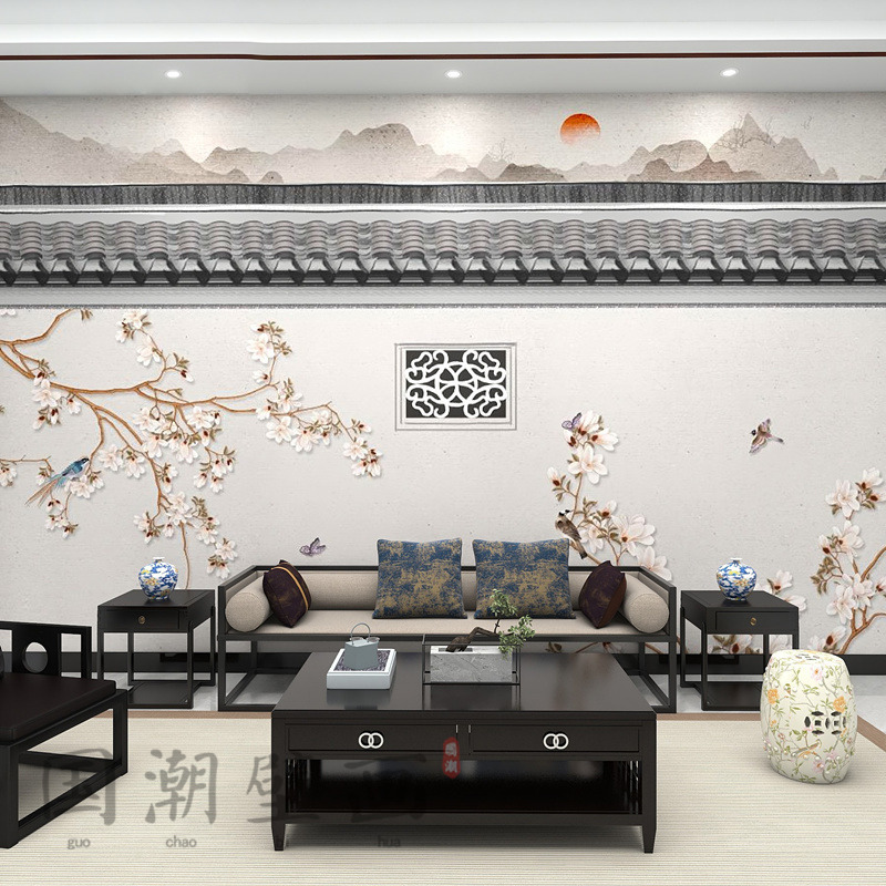 New Chinese style Flower mural 3D Eaves Qiangbu a living room bedroom Background wall decorate Antiquity wallpaper