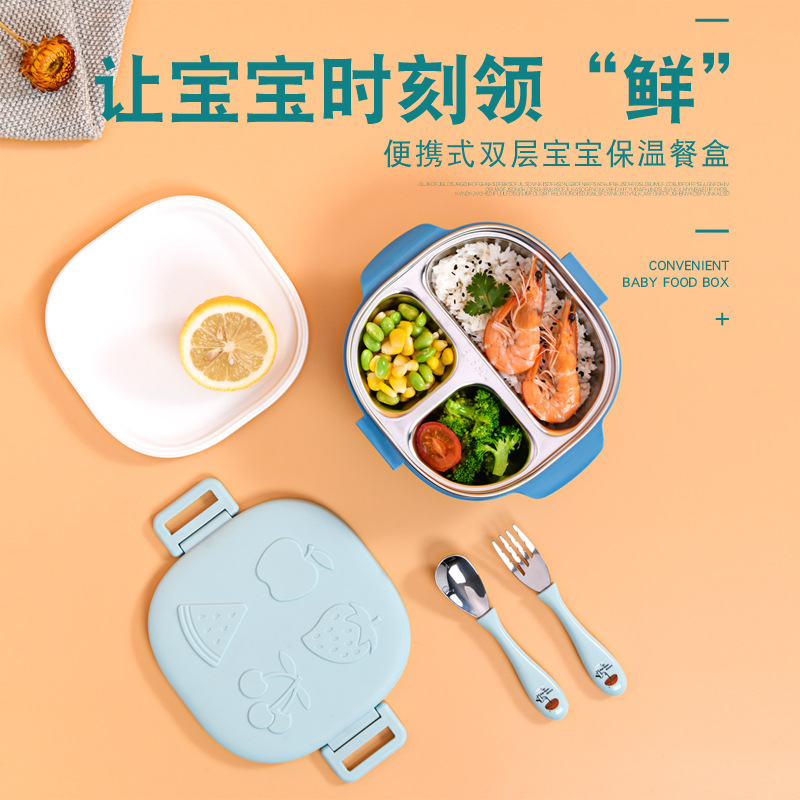 304 stainless steel baby kids meal plate baby insulated lunch box fork spoon student bento box compartment plate complementary food tableware