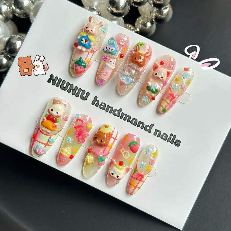 Flowing Hemp Craft Forest Bell Long Handmade Nail Stickers Hand-Painted Cartoon Cute Three-Dimensional Pinch Wearable Nails Wholesale