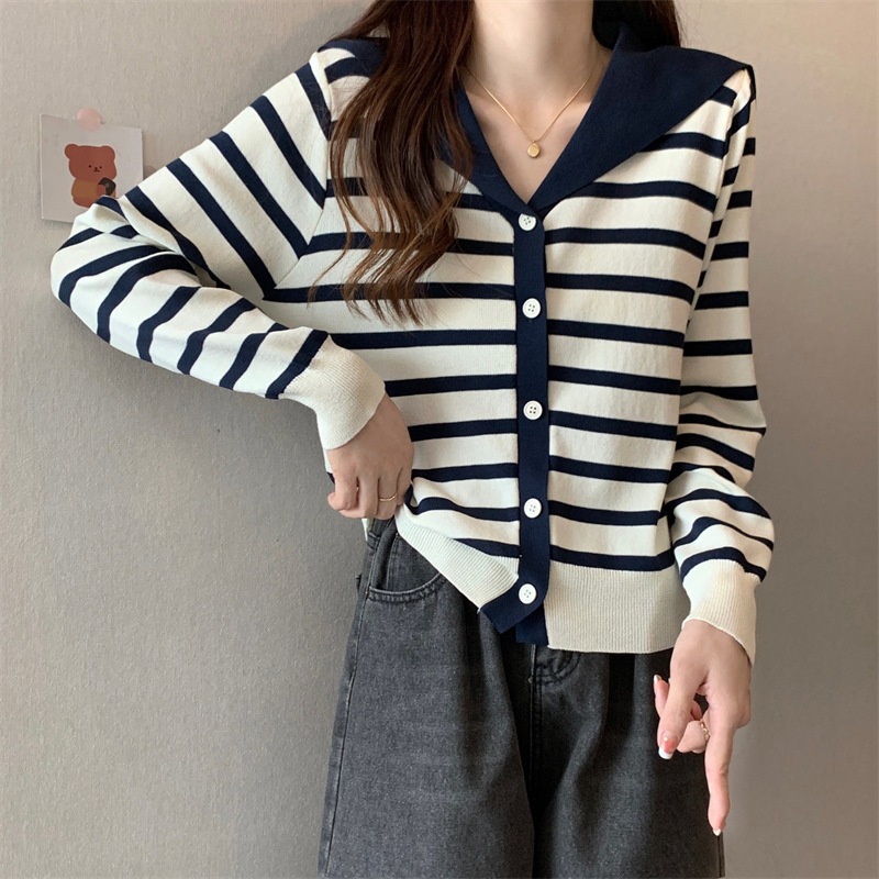 Navy Collar Blue Stripesd Knitted Cardigan for Women Spring & Fall 2025 New Contrast Color V-Neck Thin Long-Sleeved Jacket Top