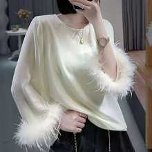 2025新款丝绒鸵鸟毛长袖上衣女高级感丝绒新款上衣百搭气质打底衫