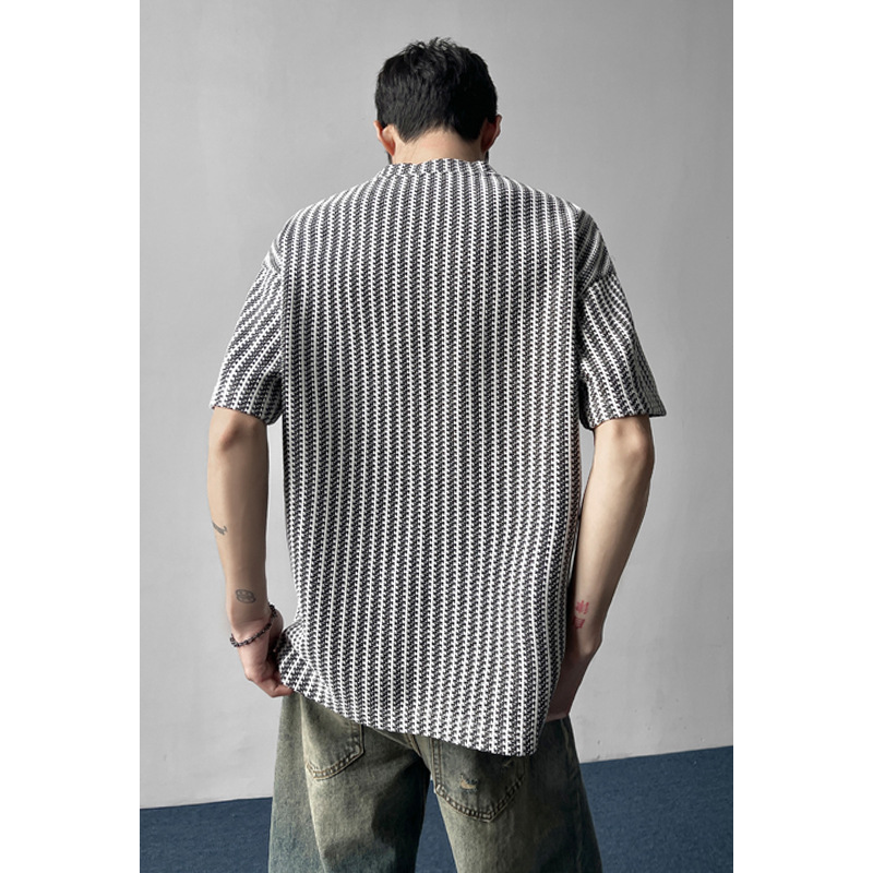 Herringbone Pattern V-neck Short-sleeve T-shirt Men, Summer Trendy American-style Clothing, Loose Fit, Heavy-duty_voghion.com