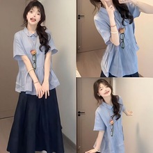 甜美学院风可爱宽松短袖衬衫女学生夏季新款叠穿显瘦半身裙两件套