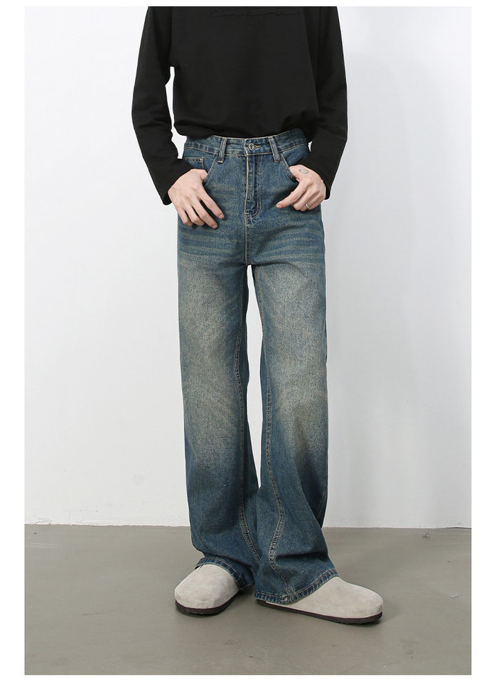 Quần jean nam ống rộng suông thẳng phong cách Mỹ, denim wash đơn giản — màu xanh, màu xanh nhạt chi tiết 8