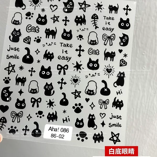 Trendy Cartoon Stickers Classic Black and White Cat New Cute Ins Kitten Nail Art Adhesive Stickers