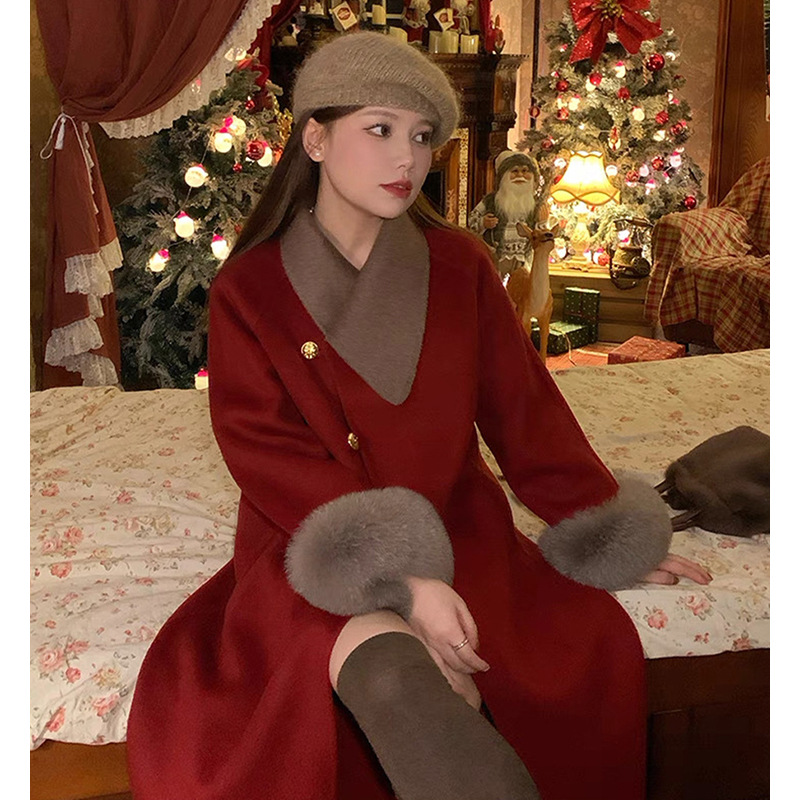 Winter New Large Size Woolen down Jacket for Women Red Christmas Coat Loose Casual Elegant Coat 25178