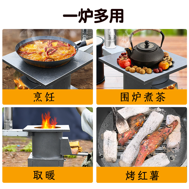 Estufa de Leña de Acero Inoxidable para Uso Doméstico, Estufa de Carbón, Utensilios de Cocina Portátiles para Acampar al Aire Libre, Estufa de Barbacoa para Quemar Leña.