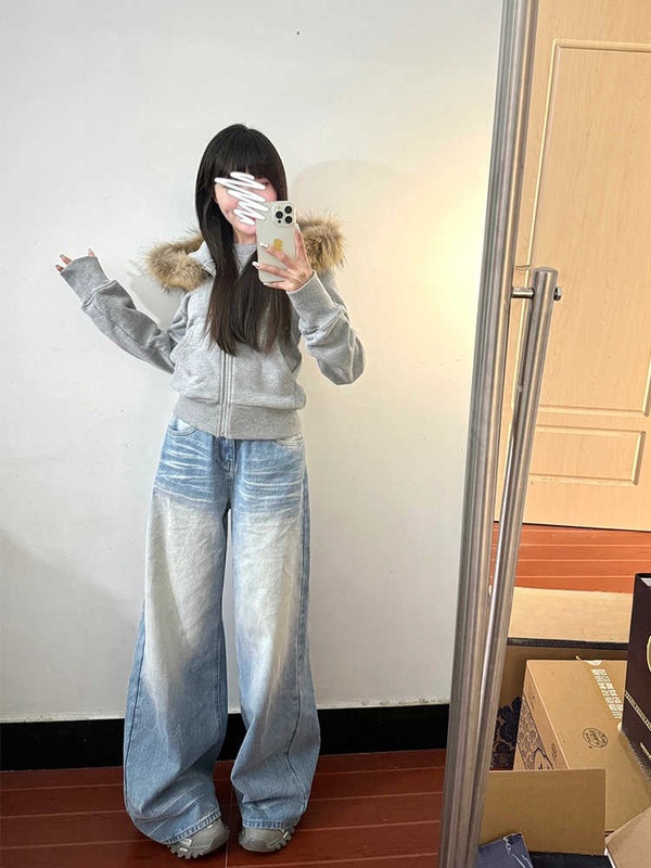 大码美式复古折痕水洗牛仔裤女春季高腰拖地长裤宽松直筒阔腿裤子|undefined