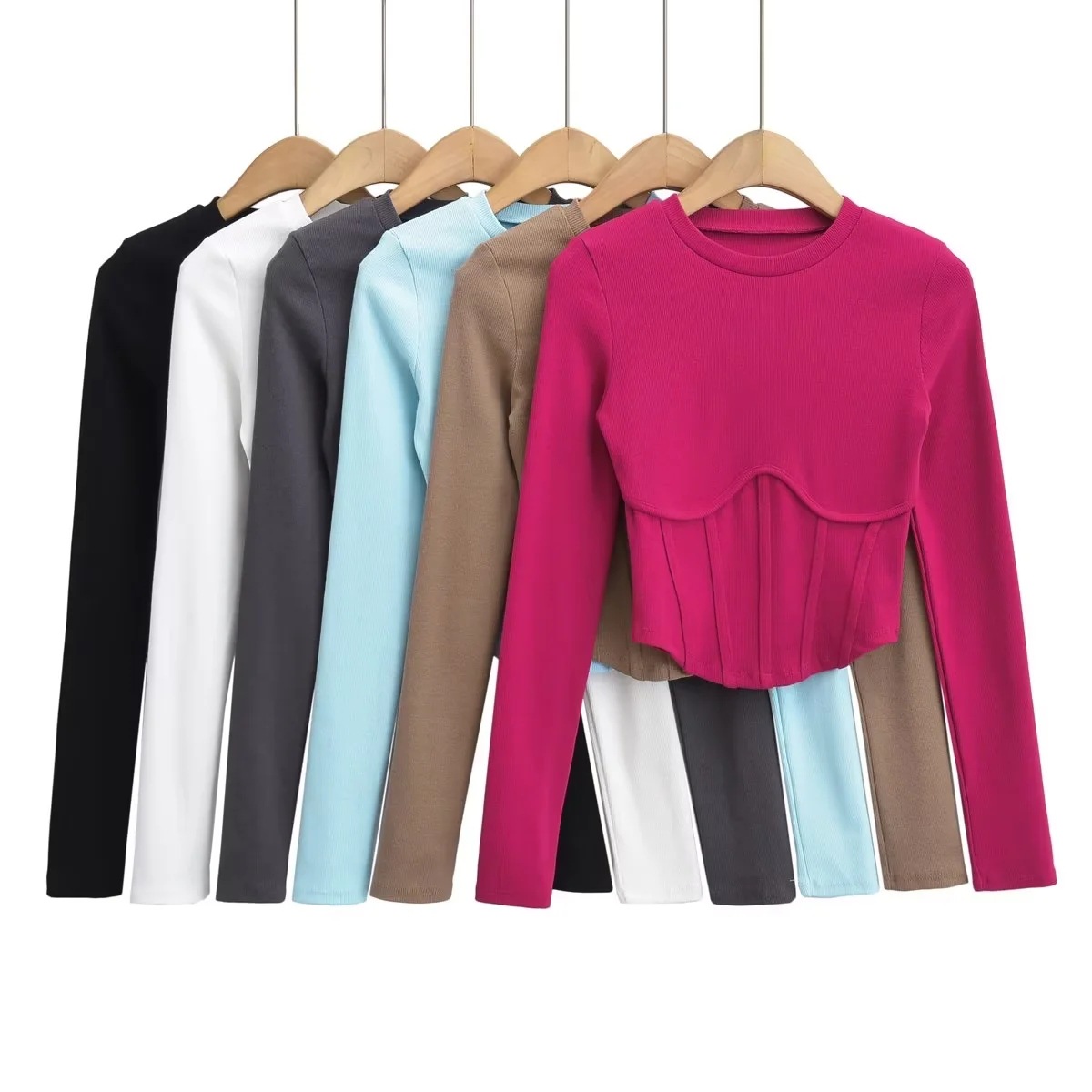 Stickad damtopp med lång ärm och fiskbensmönster slim fit_voghion.com