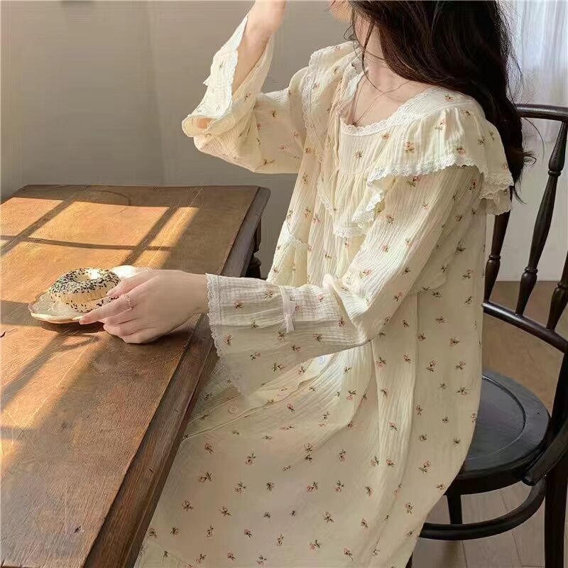 Pijamas de las mujeres de primavera nuevo estilo de la princesa japonesa dulce floral de manga larga de longitud media camisón se puede usar fuera de casa desgaste
