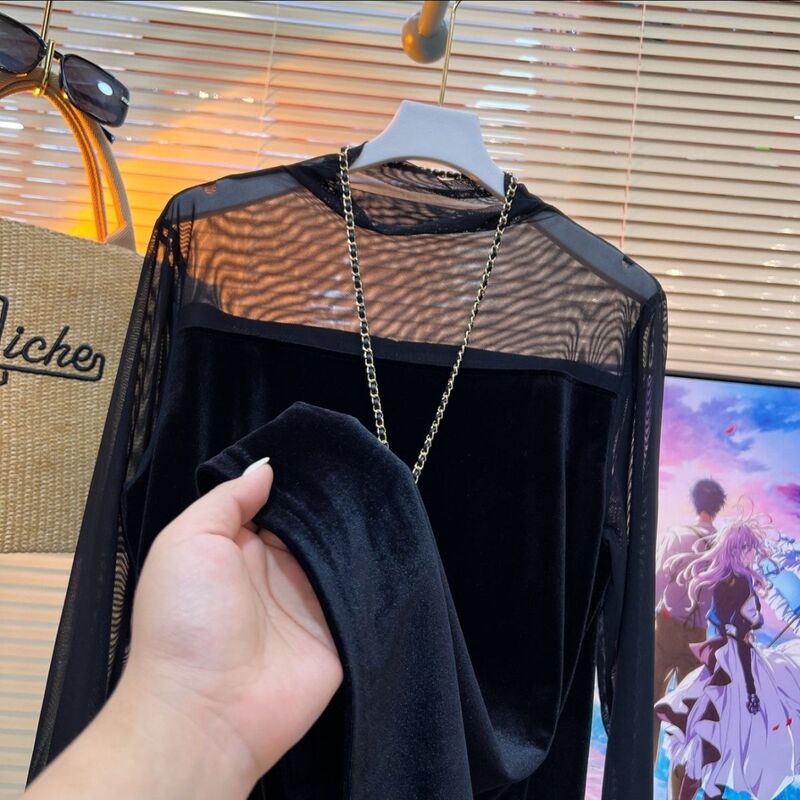 2026 Spring New Style Half-High Collar Lace Mesh Splicing Velvet Stylish Fashionable Top Elegant Slim-Fit Base Shirt