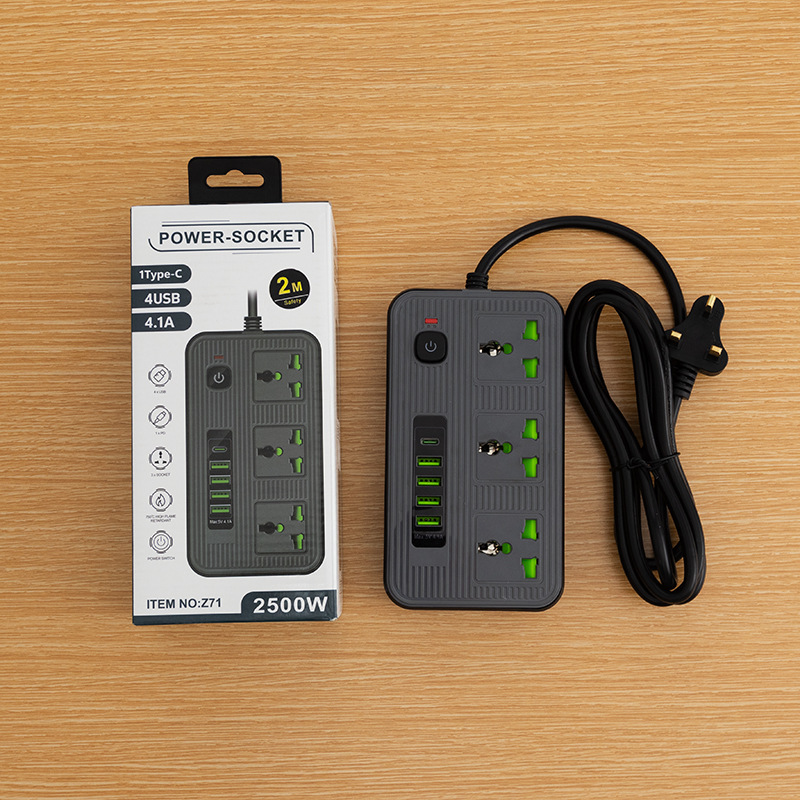 Z71# estándar británico estándar europeo estándar americano 4USB + 1 Tipo-c caja de color interruptor de embalaje con luz indicadora con puerta de seguridad para niños