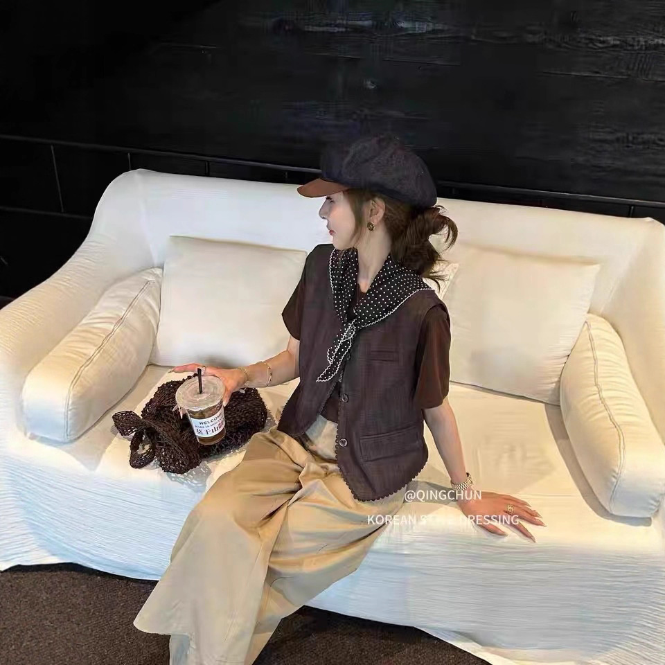 Fashion Suit Retro V Neck Waistoutwear Jacket Women's Summer Layering Lace Vest Cardigan Two-Piece Set