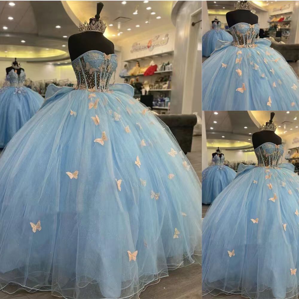 Forest-Style Simple Light Blue Three-Dimensional Bow Appliqué Ball Gown 2026 New Style Colorful Tulle Train Princess Dress