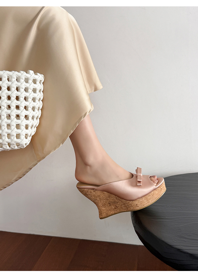 Sandal cao gót nữ mũi cá hở ngón, đế xuồng dày, nơ bướm, gót siêu cao 12 cm — Kẻ đỏ, Hồng sâm panh chi tiết 19