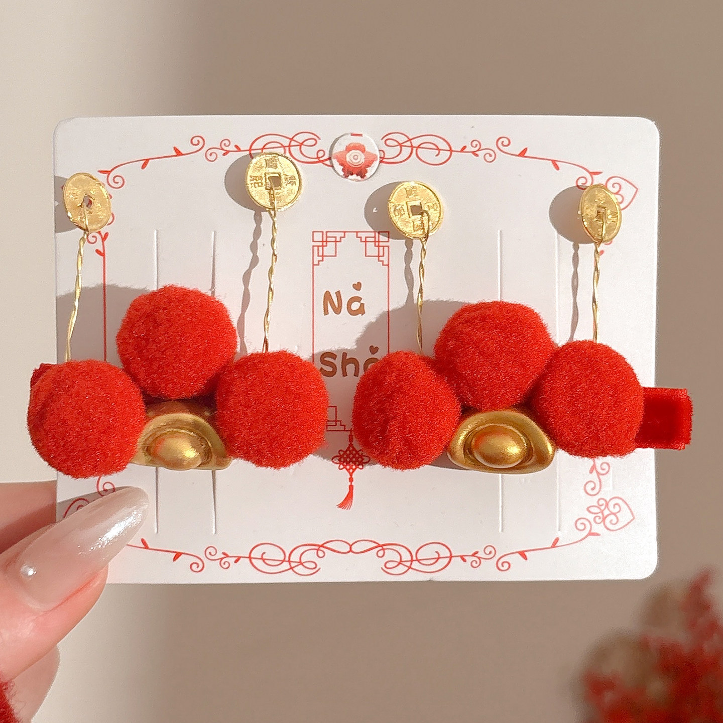 1 # pelo rojo yuan Bao clip de pelo un par de paquete de aproximadamente 4,5 cm
