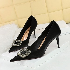 7239-AK83 European and American Style Fashion Banquet Women's Shoes Thin Heel High Heel Shallow Notch Rhinestone Me