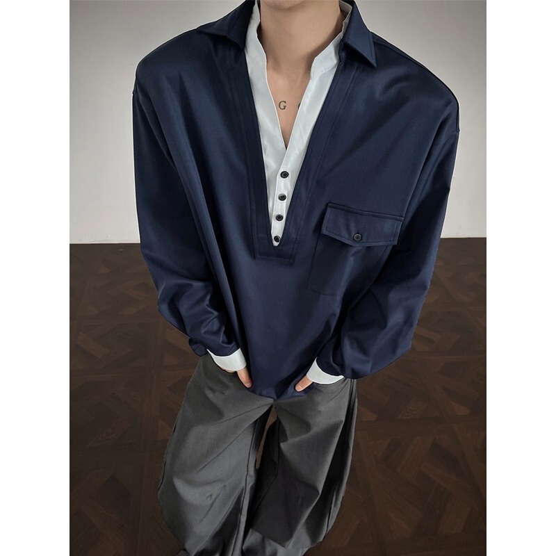 American-Style Unvesno Faux Two-Piece Shirt, Old Money Style Men's V-Neck Design, Niche Loose Shirt, Autumn Jacket