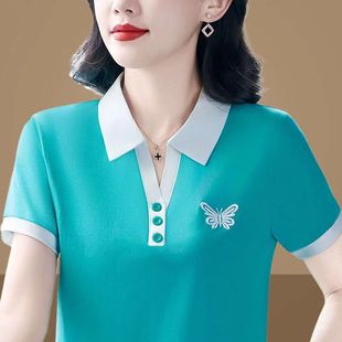 Fashionable Women's T-Shirt Short-Sleeved Summer New Lapel Large Size Polo Shirt Middle-Aged Mother's Casual Sports Top