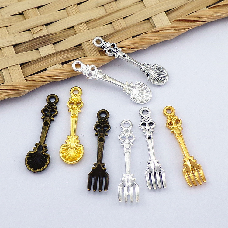 diy retro cyan alloy accessories gold 33mm spoon Fork earrings pendant gift decoration materials