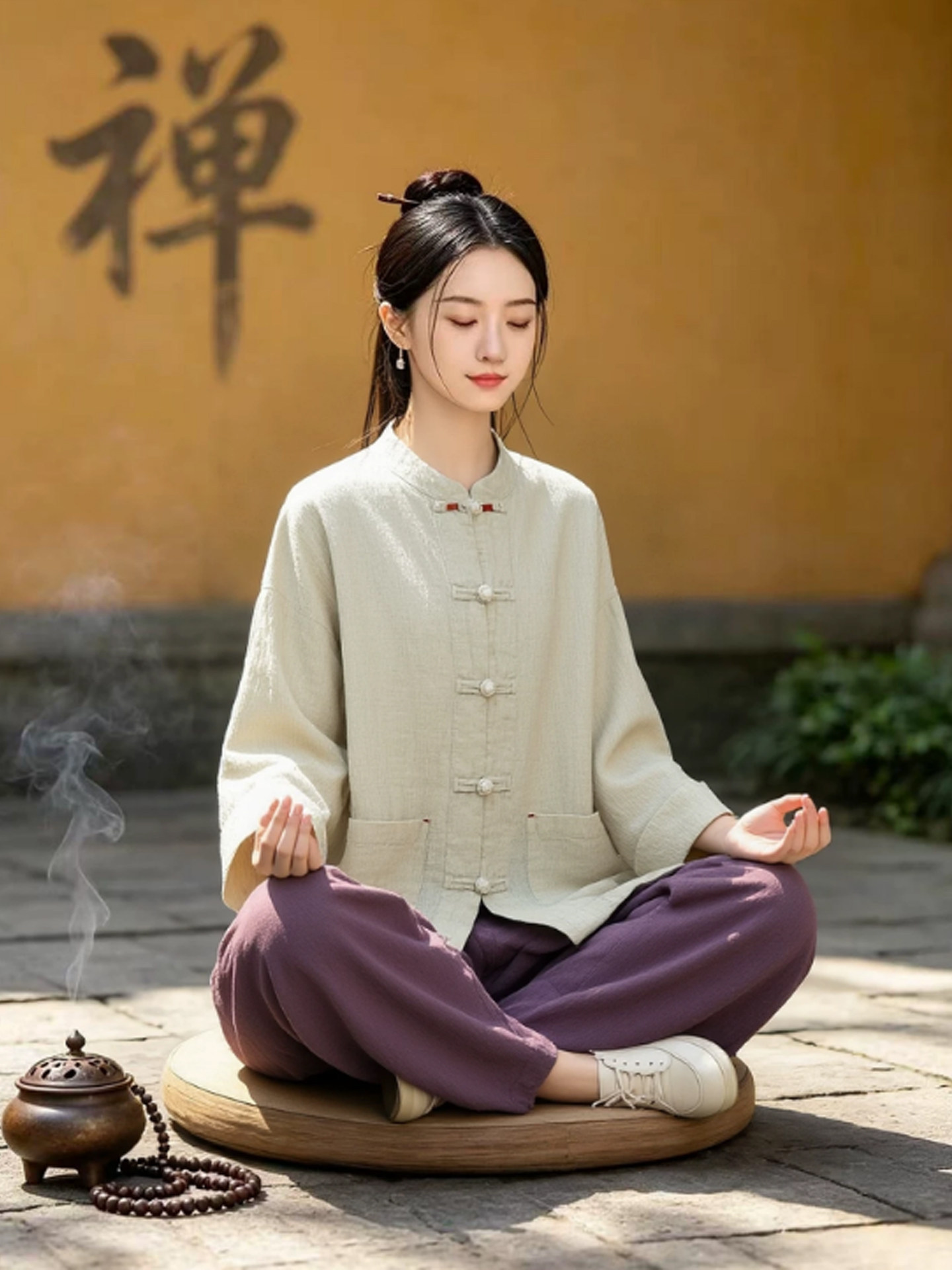 麻色开衫（均码）+禅紫色 棉麻裤