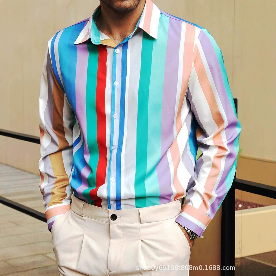 Трансграничный минималистский мужская рубашка с длинными рукавами бизнес классический цветной полосатый весенне-осенний блузок с цифровым принтом 3D
