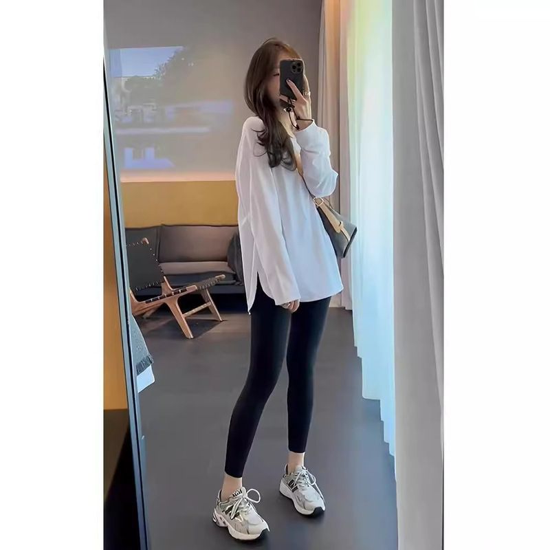White Medium and Long Bottoming Shirt Women's Butt-covering Sweater with Stacked Long Sleeve T-shirt Shark Pants