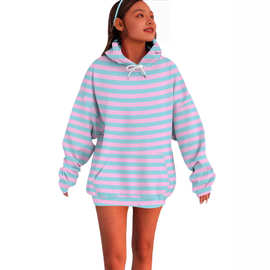 2024秋季新款条纹落肩袖卫衣欧美独立站热卖款女士连帽衫休闲运动