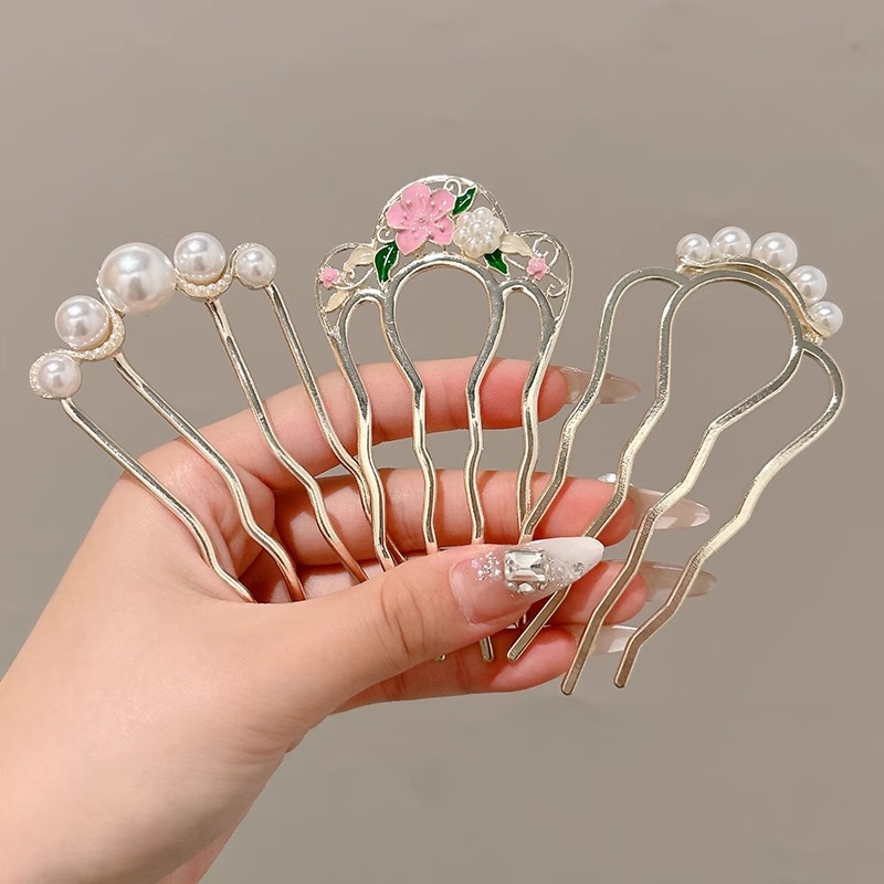 Perla temperamento disco de cabeza detrás de cuatro dientes peine nuevo estilo chino en forma de U pinzas de cabello 2024 nuevo tocado de gama alta