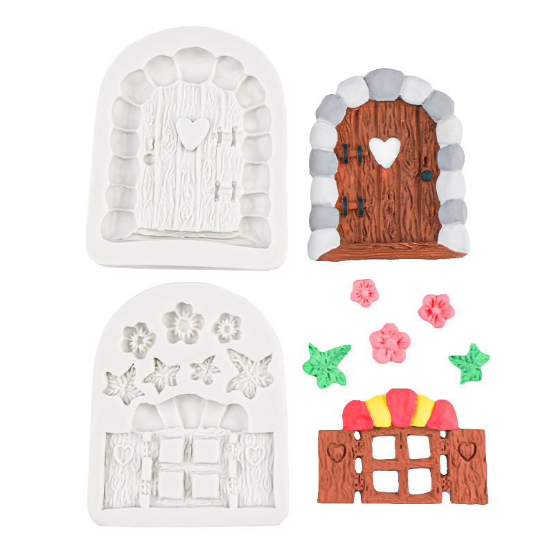 Pequeña flor hada estilo pastoral forma de hongo silicona fondant dibujos animados puerta de madera molde de pastel pastel decoración de chocolate epoxi