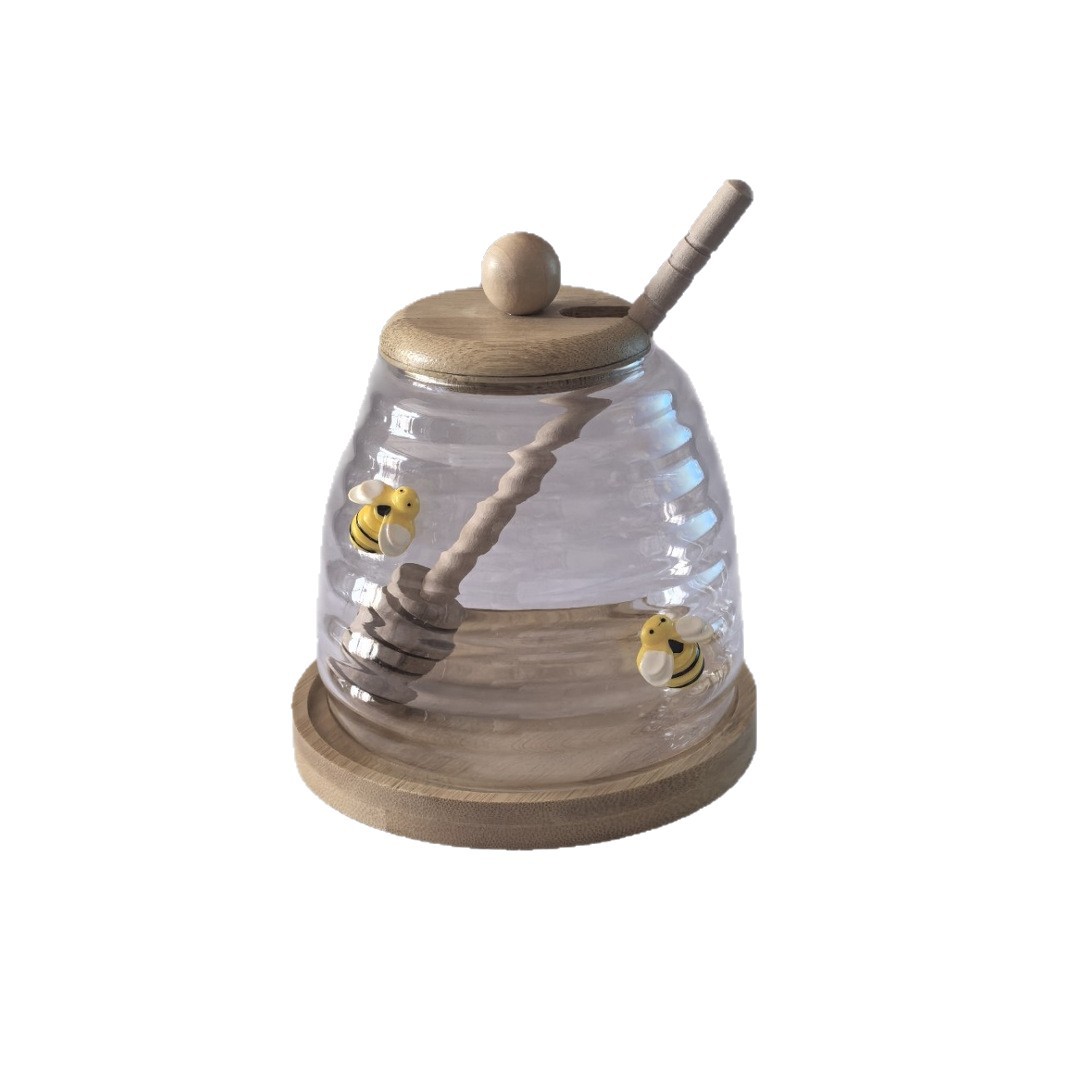 Lindo tanque de abejas, tanque de miel de vidrio, fondo de madera, tanque de almacenamiento de palo de madera