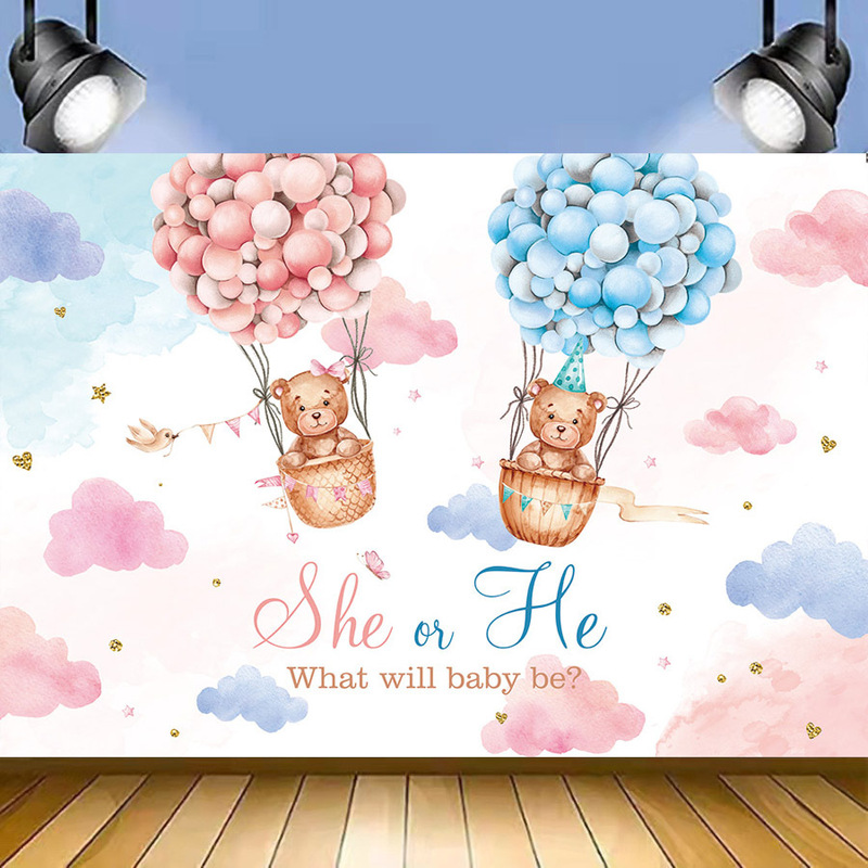 Boy & Girl Gender Reveal Party Banner Decoration 5x3ft Teddy Bear Hot Air Balloon Photography Background Cloth