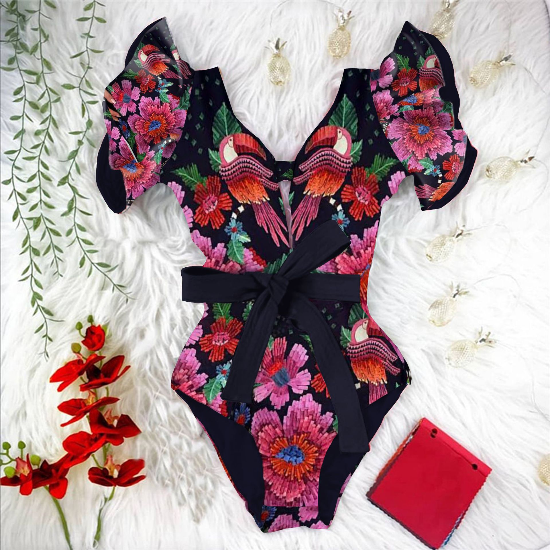 315g Weight Short Sleeve Sleeve Length Polyester Fabric Type Short Top Length One-pieces Tops Type 1 Piece Quantity Swimming Occasion V Neck Neckline Slim Fit Type Printing Pattern Women's Gender Vacation Style Women's Vacation Printing 1 Piece One Piece Swimwear 1