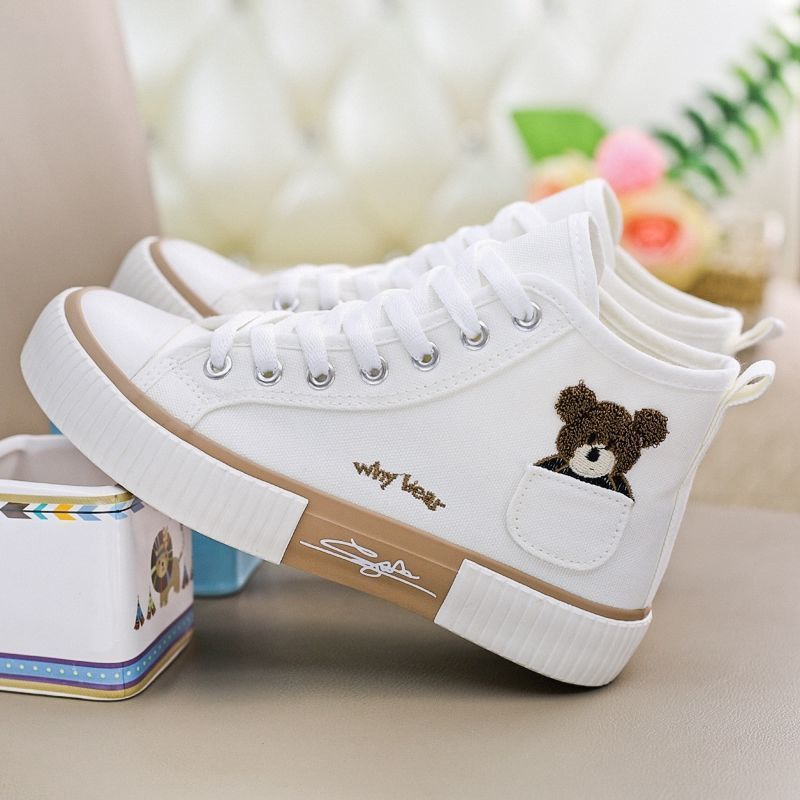 Pocket high top bear canvas shoes for women spring and summer new ins casual small white shoes flat student soft sole single shoes