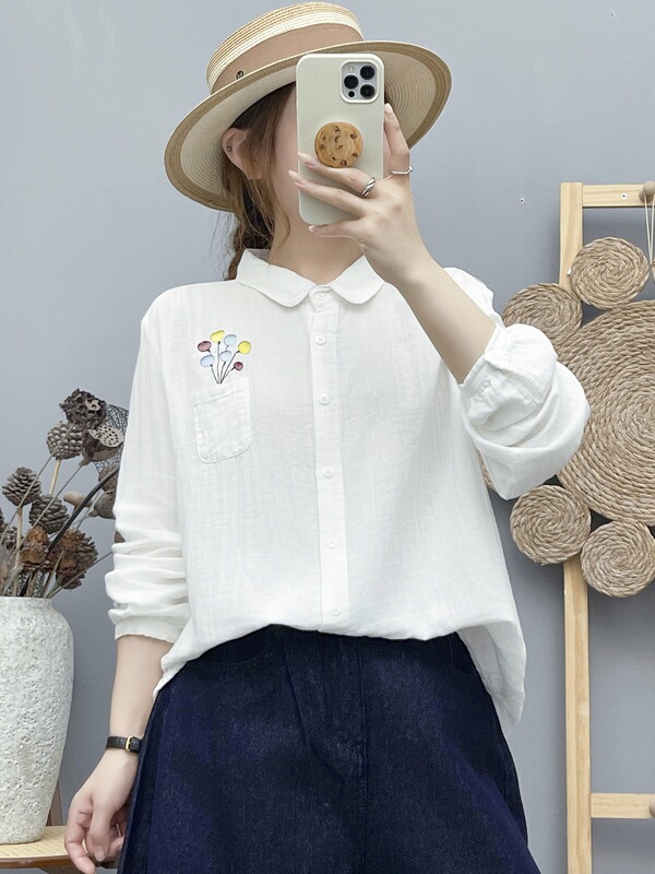 Cotton double-layered long-sleeved shirt for women, featuring a delicate and fresh design with balloon embroidery, soft and skin-friendly fabric, and breathable material