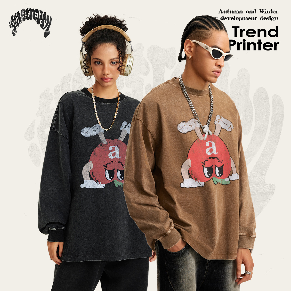 Impresora de marcas|| 2025 primavera y otoño estadounidenses lavado impresión invertida M豆 retro camiseta de algodón de manga larga hombre