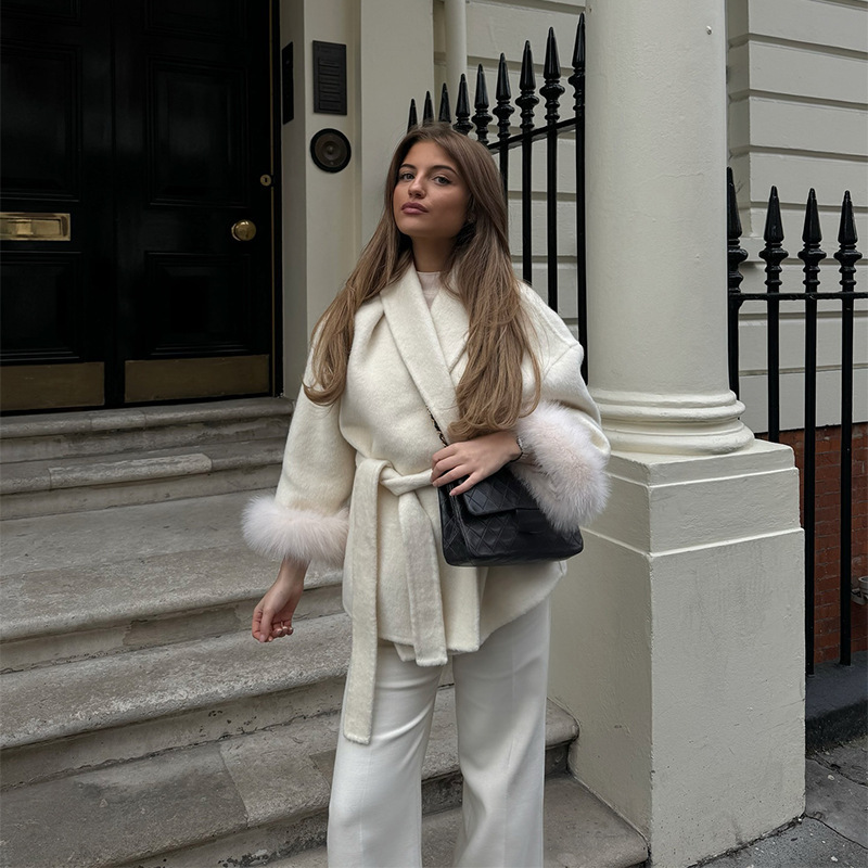 Autumn and Winter Elegant Long-Sleeved Woolen Lace-Up Coat for Women 2026 European and American Cross-Border Women's Clothing