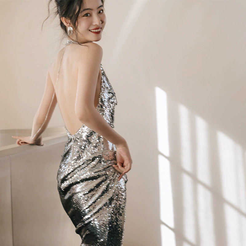 Серебряное вечернее платье с блестками светлый роскошный французский стиль шеи Fishtail хостинг представление свадебный тост костюм