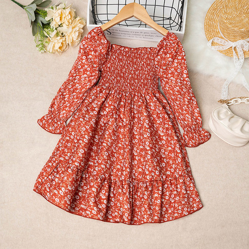 Cross-border children's clothing Amazon new spring stylish Peter Pan collar floral long-sleeve princess dress for European and American girls' dresses