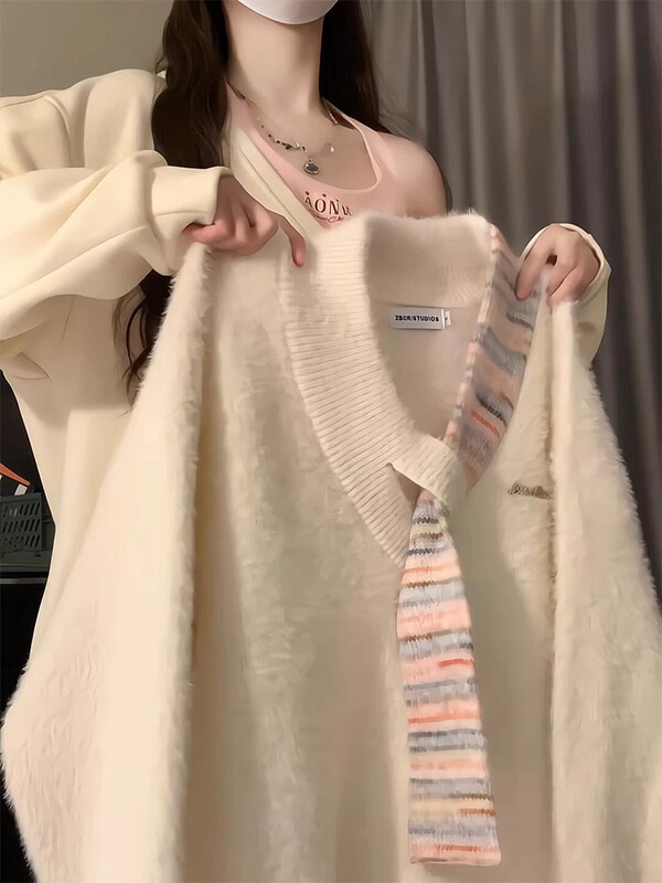 慵懒风软糯v领白色毛衣女2025新款秋冬季宽松长袖针织上衣感|undefined
