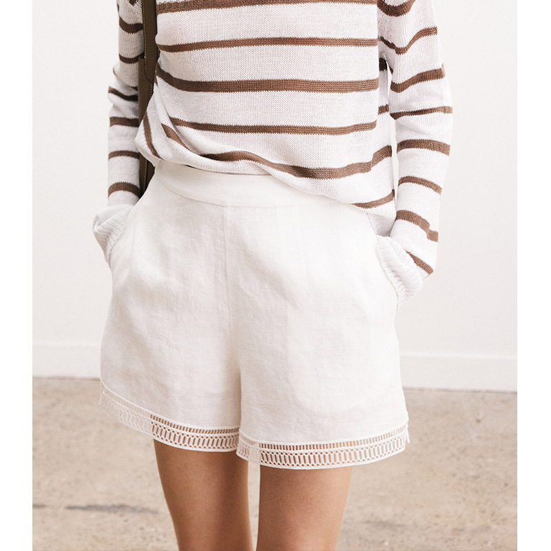 Elegant Slimming Casual Shorts for Women, Spring/Summer 2025 New Lace Trim Solid Color Vacation Comfortable Base Shorts